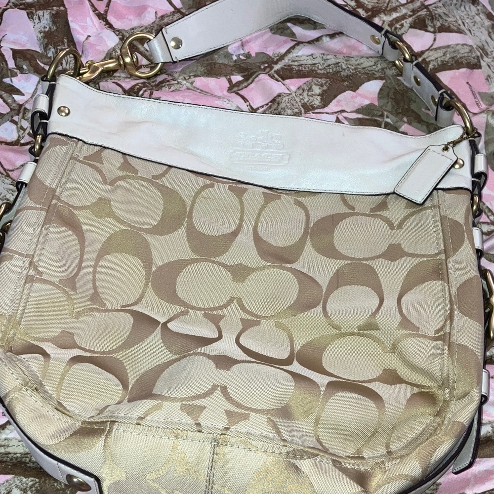 Y2K Coach Beige/Tan Signature Canvas Shoulder Bag with Chalk Trim